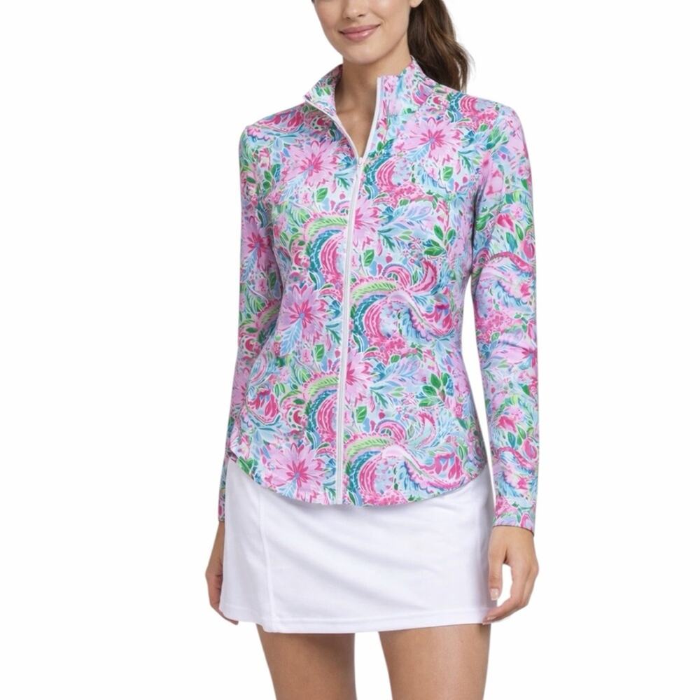 Gottex Full Zip Mock Neck Top Size L Peri Floral UPF 50+ Athleisure Golf Tennis